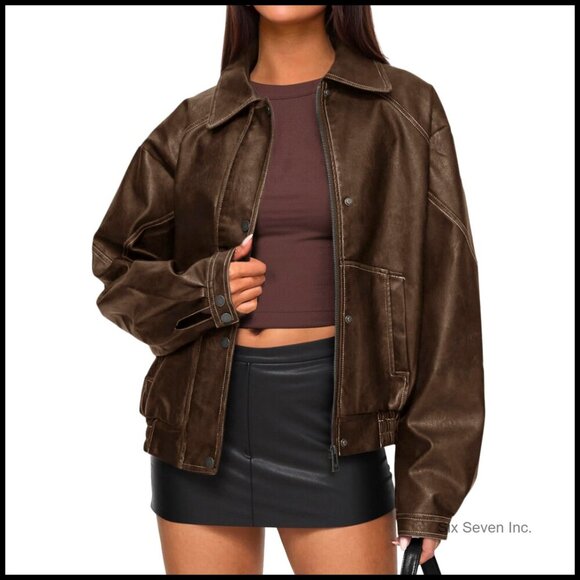 Jackets & Blazers - Faux Leather Bomber Jacket Oversized Moto Biker Style Retro Zip Up
